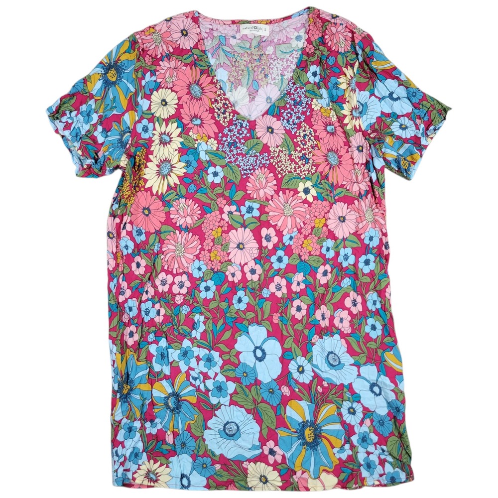 Natural Life T-Shirt Dress Womens S Pink Floral V-Neck Short Sleeve Boho Casual